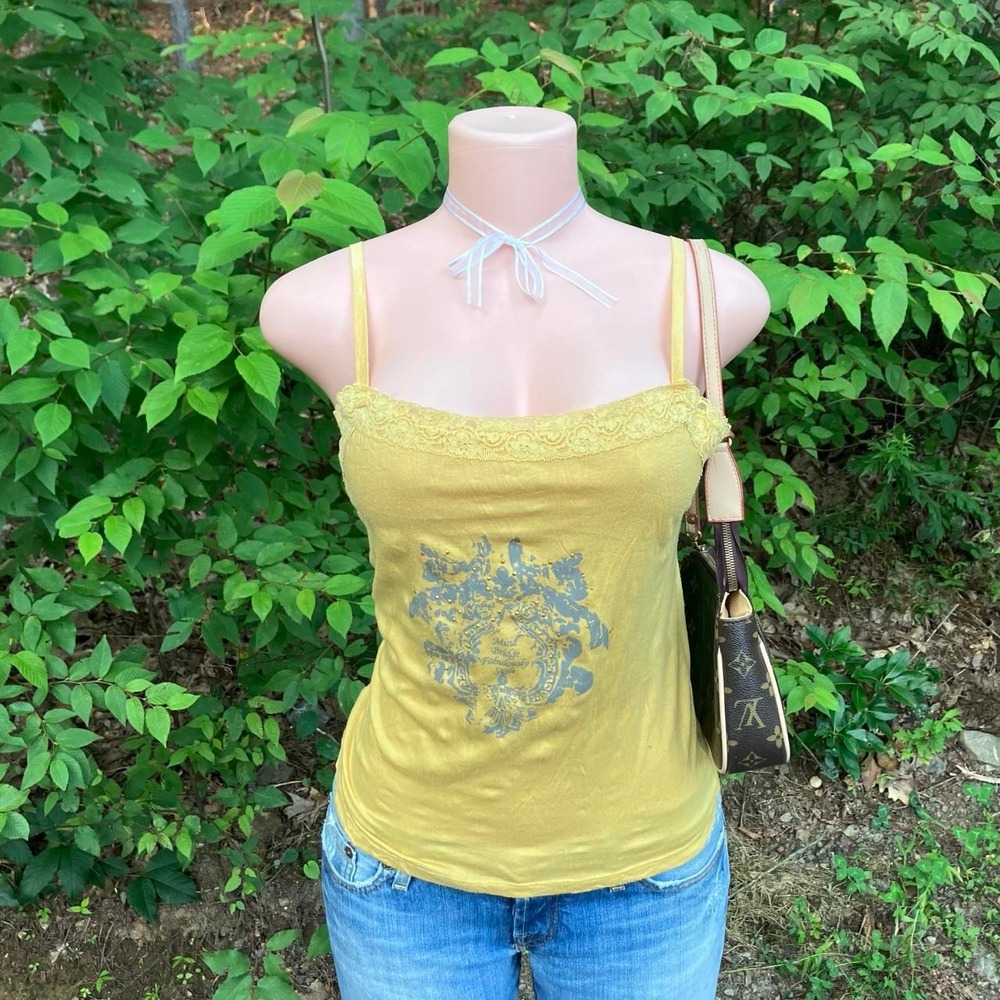 Y2K 2000s avant garde yellow lace graphic cami top size s